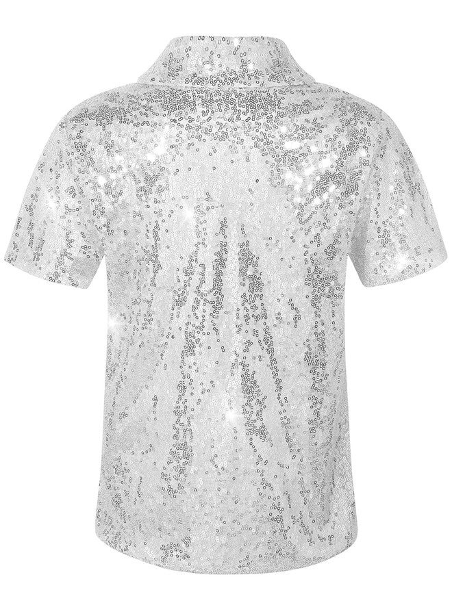 Spring&Gege Boy's Short Sleeve Turndown Sparkle Sequins Polo Shirt 70s Disco Costume T-Shirt, Silver Gray, Size 9-10 Years - Image 2